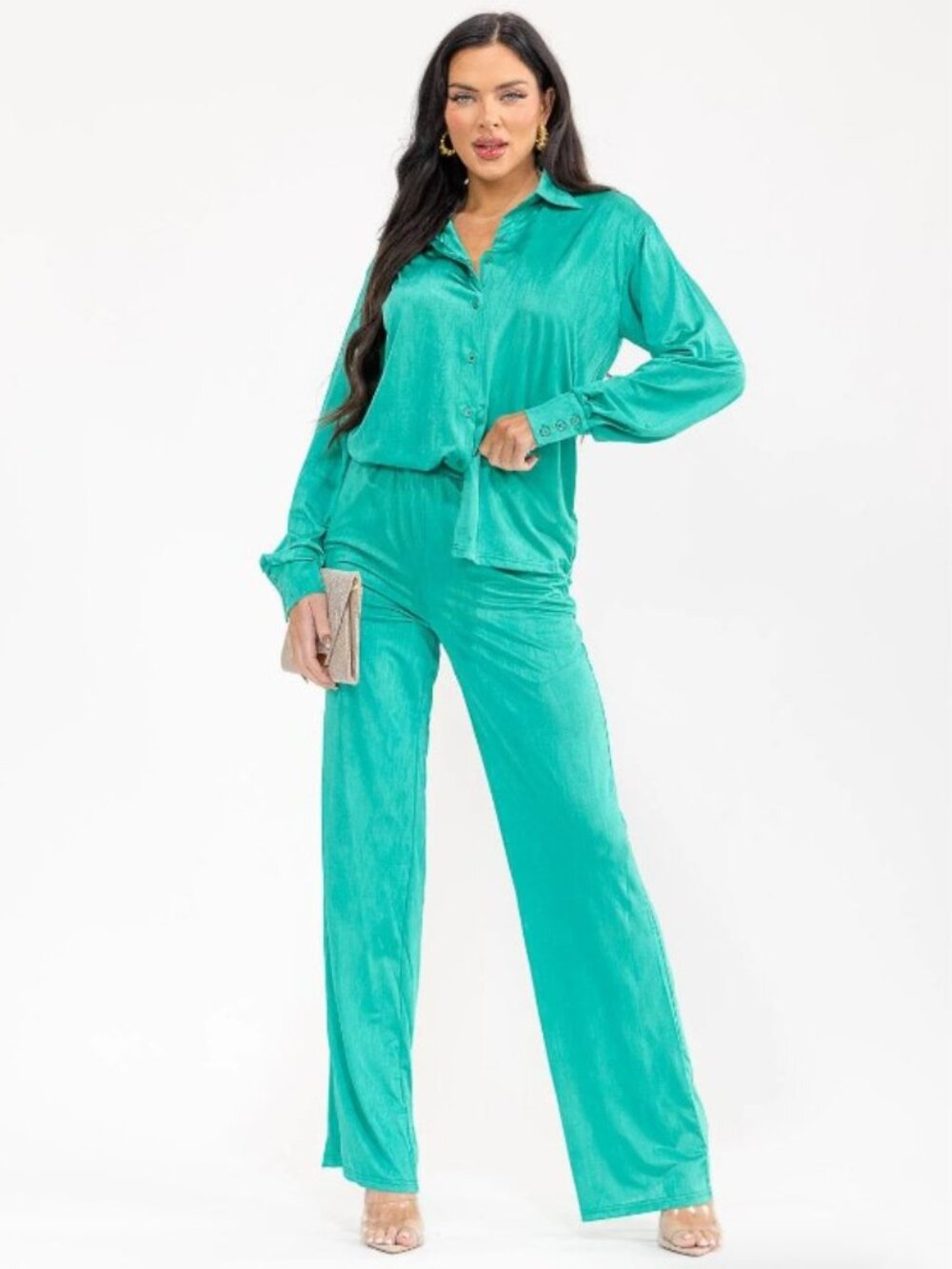 Jade Two-Piece Set – Luxe Button-Up Top & Wide-Leg Pants